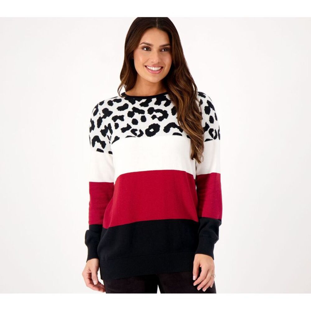 Belle by Kim Gravel Colorblock Leopard Sweater - Red, White, Black